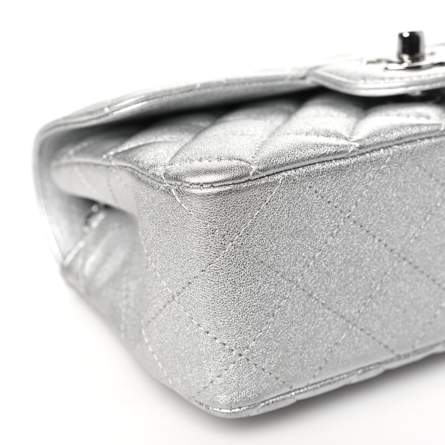 Metallic Lambskin Quilted Mini Rectangular Flap Silver