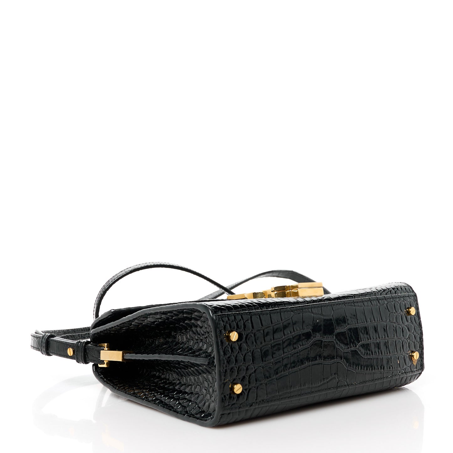 Calfskin Crocodile Embossed Mini Classic Monogram Cassandra Top Handle Black