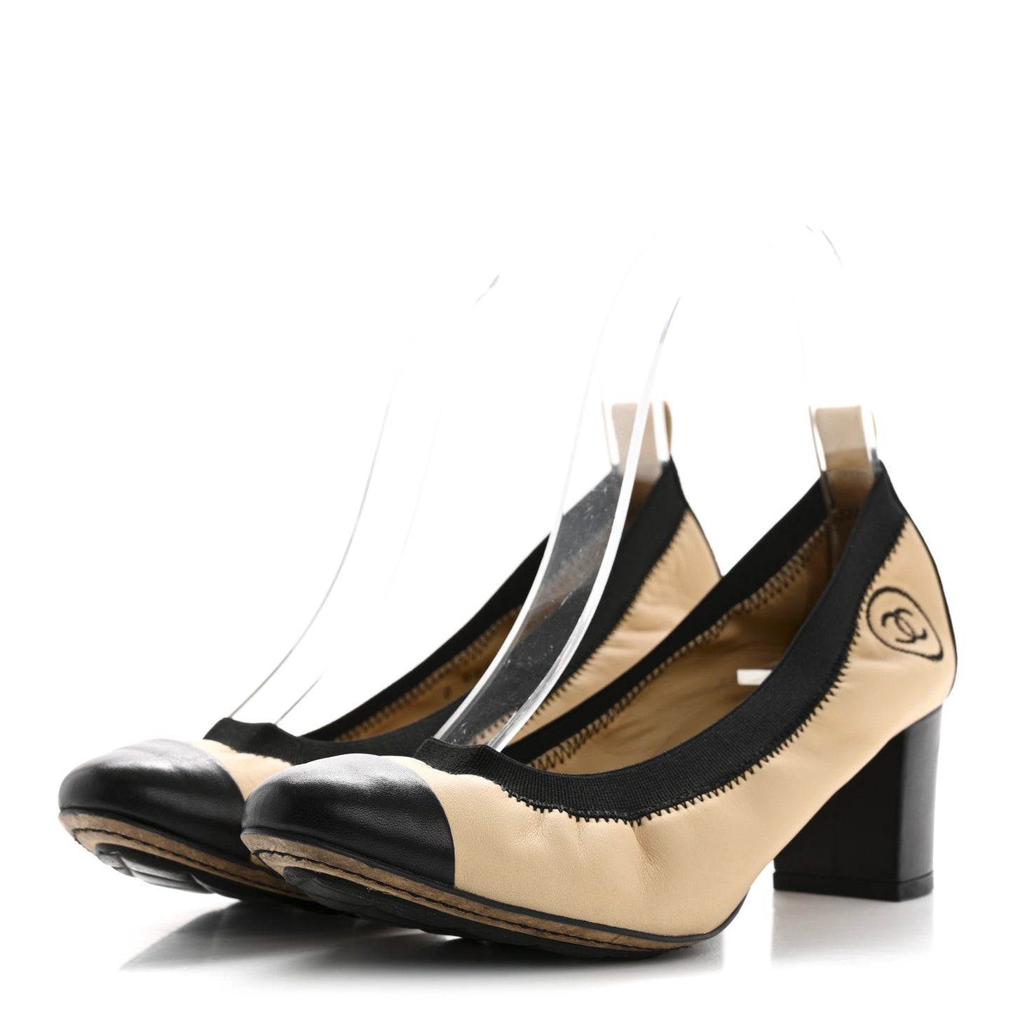 Lambskin CC Elastic Stretch Pumps 37.5 Beige Black