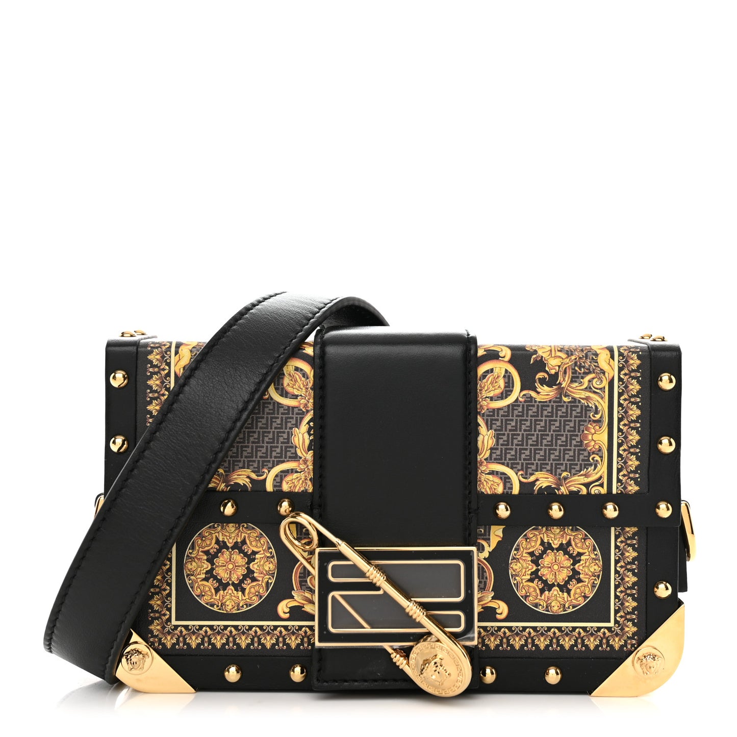 X VERSACE Vitello Cover Fendace Mini FF Baroque Brooch Studded Mini Baguette Trunk Black Gold