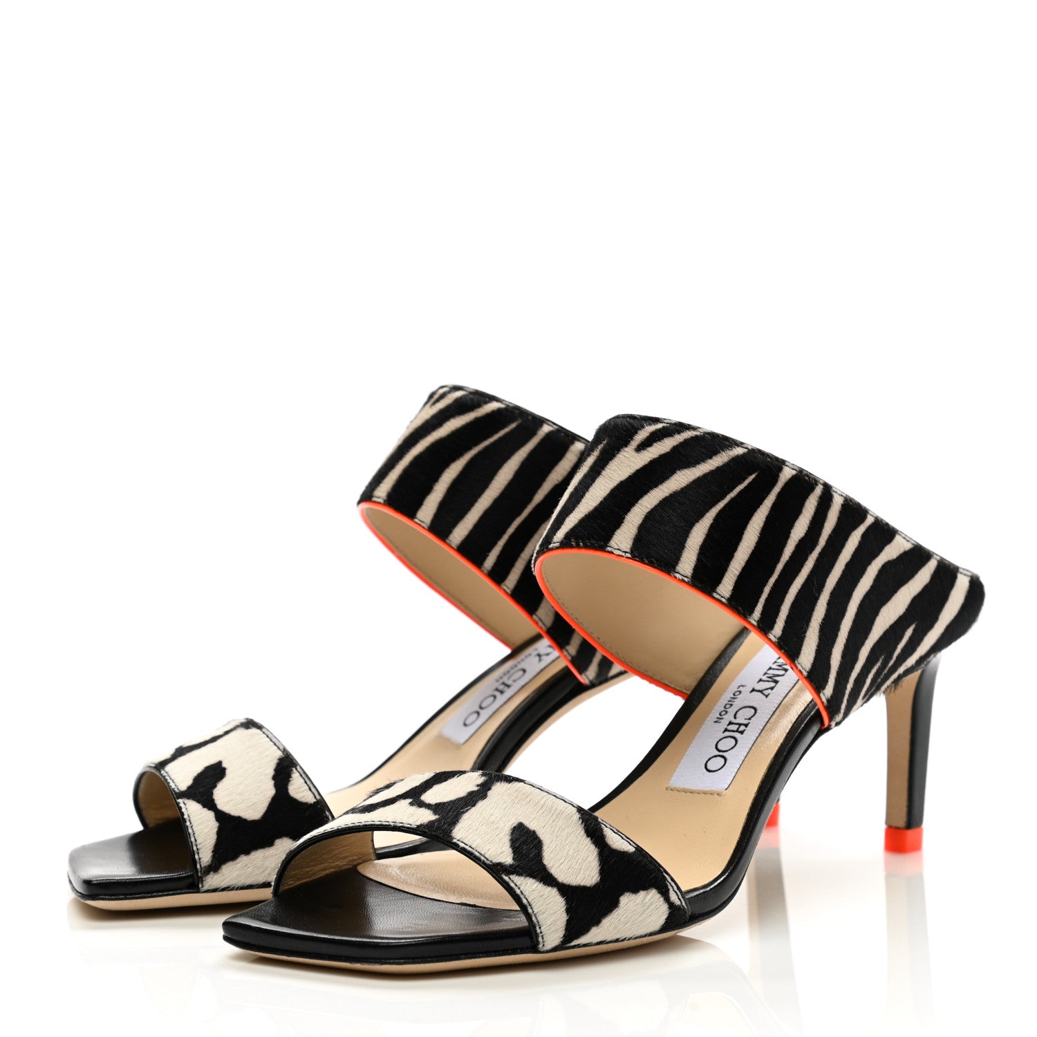 Jimmy Choo Pony Hair Animal Print Hira 65 Sandals 35 Black White Neon Orange 3 of 11