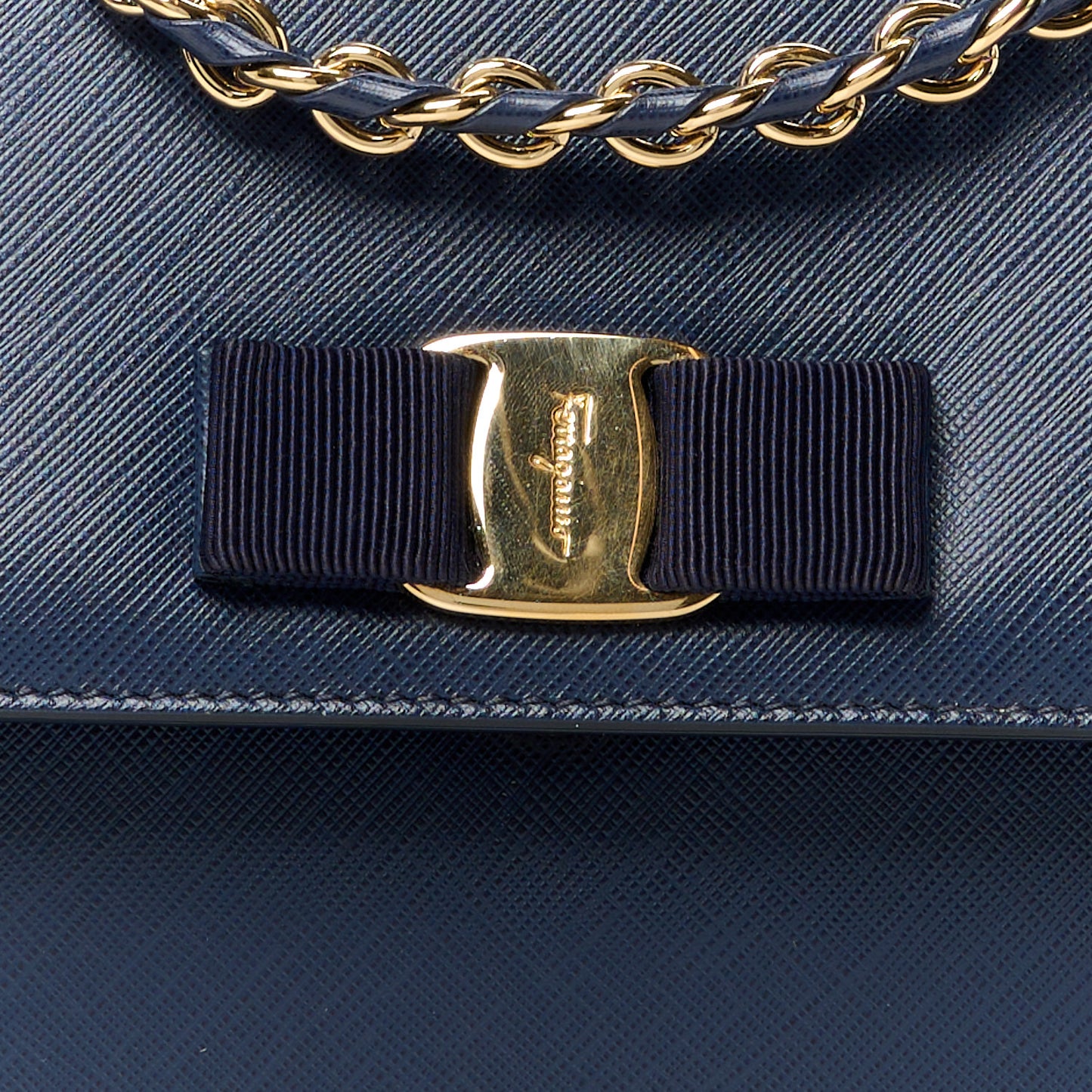 Printed Calfskin Vara Bow Chain Flap Crossbody Navy