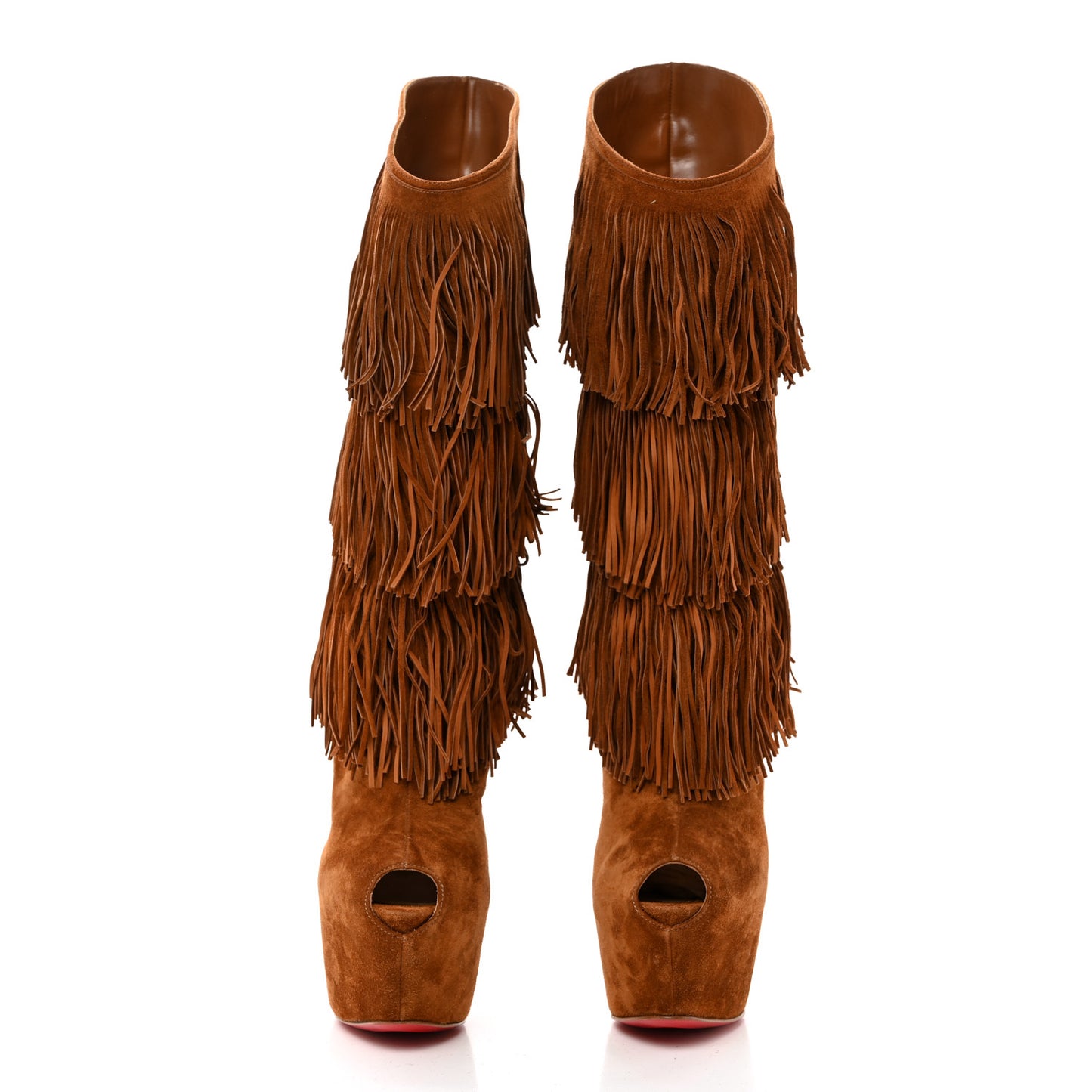 Suede Highness Tina Fringe Platform Peep Toe Boots 37.5 Brown