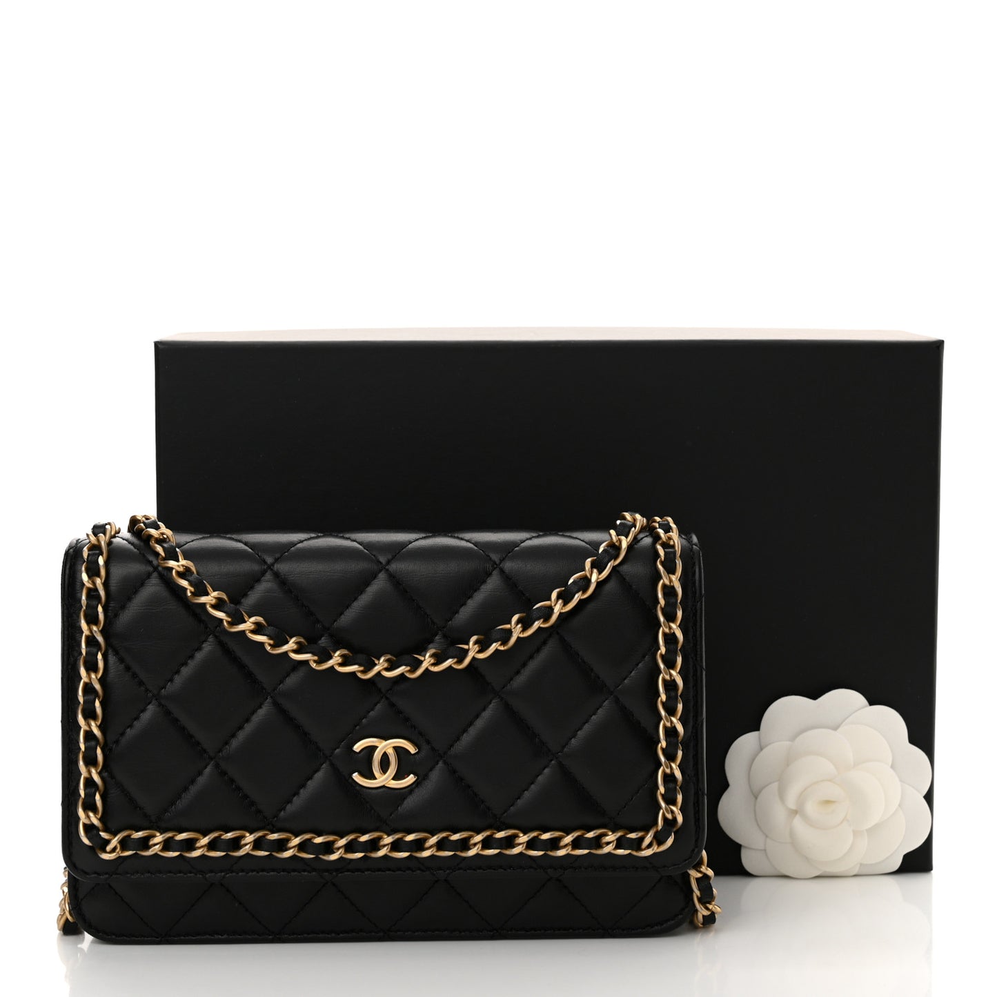 Lambskin Quilted Chain Around Wallet On Chain WOC Black