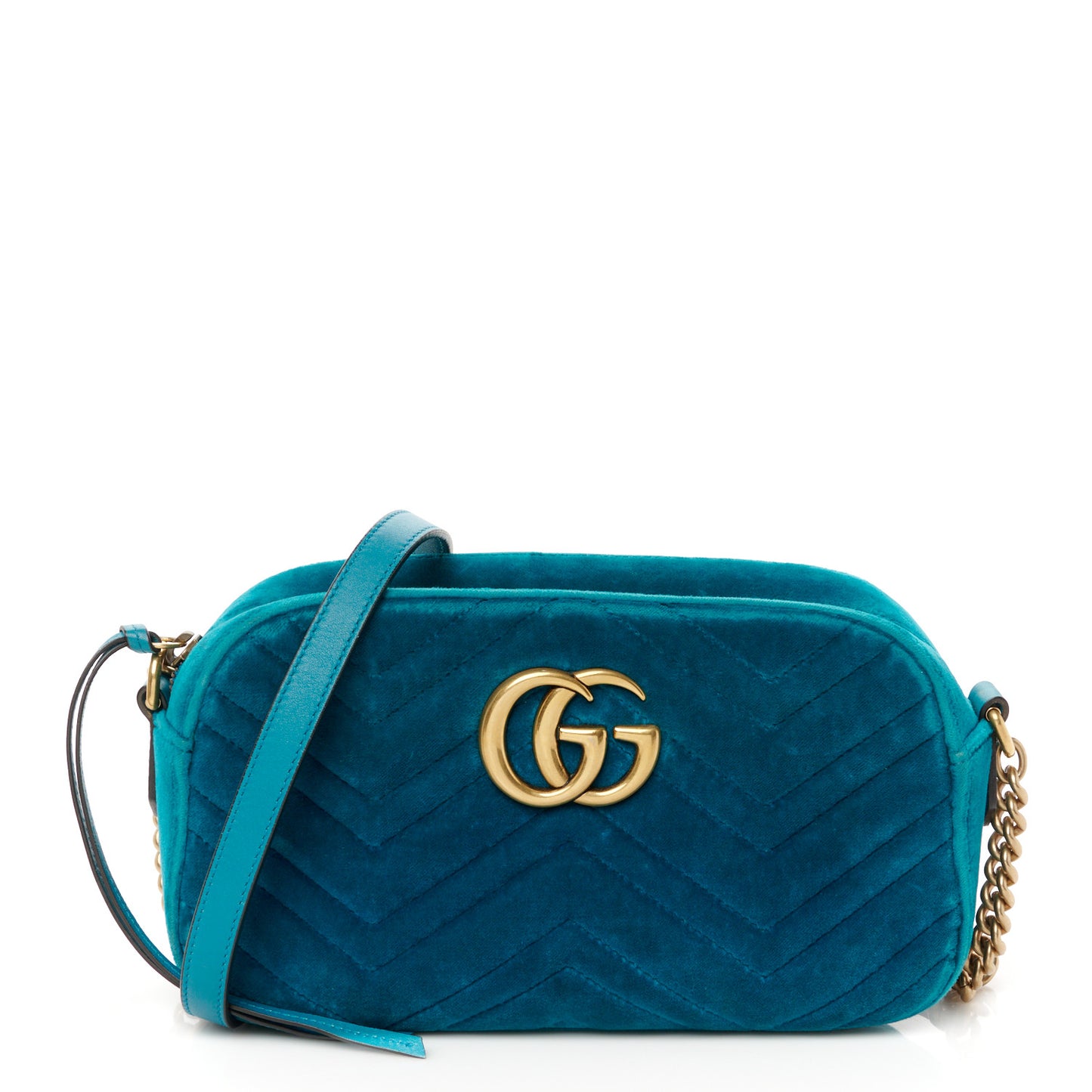 Velvet Matelasse Small GG Marmont Chain Shoulder Bag Pavone Cyan
