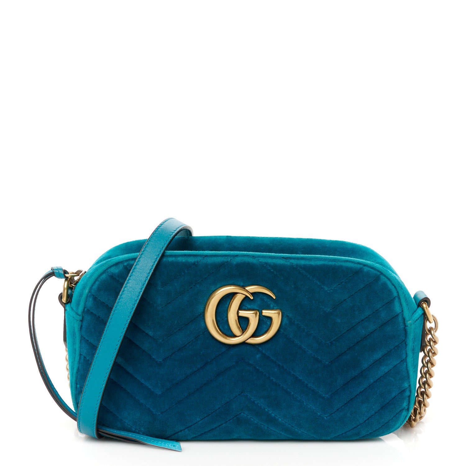 Gucci Velvet Matelasse Small GG Marmont Chain Shoulder Bag Pavone Cyan 1 of 11