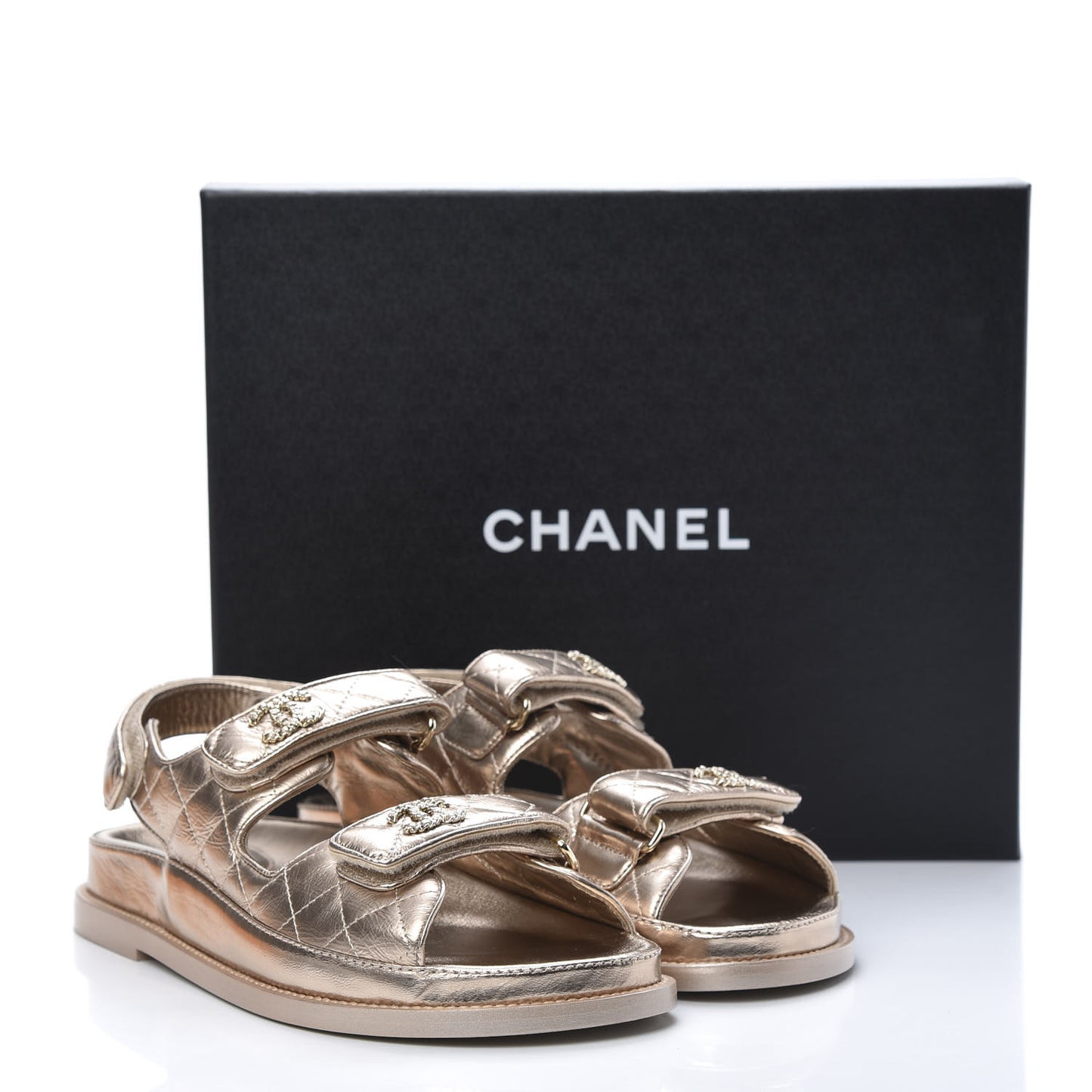 Iridescent Lambskin Quilted Velcro Dad Sandals 38 Light Bronze