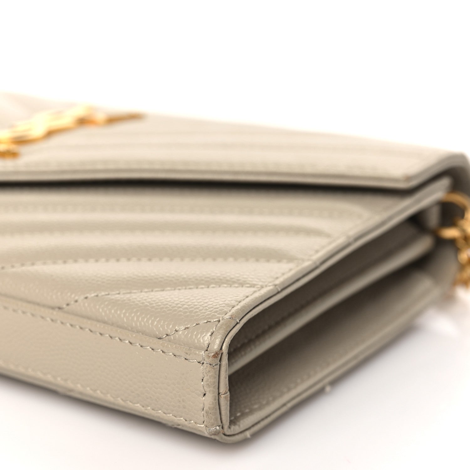 Saint Laurent Grain De Poudre Matelasse Chevron Monogram Chain Wallet Sea Salt 8 of 9