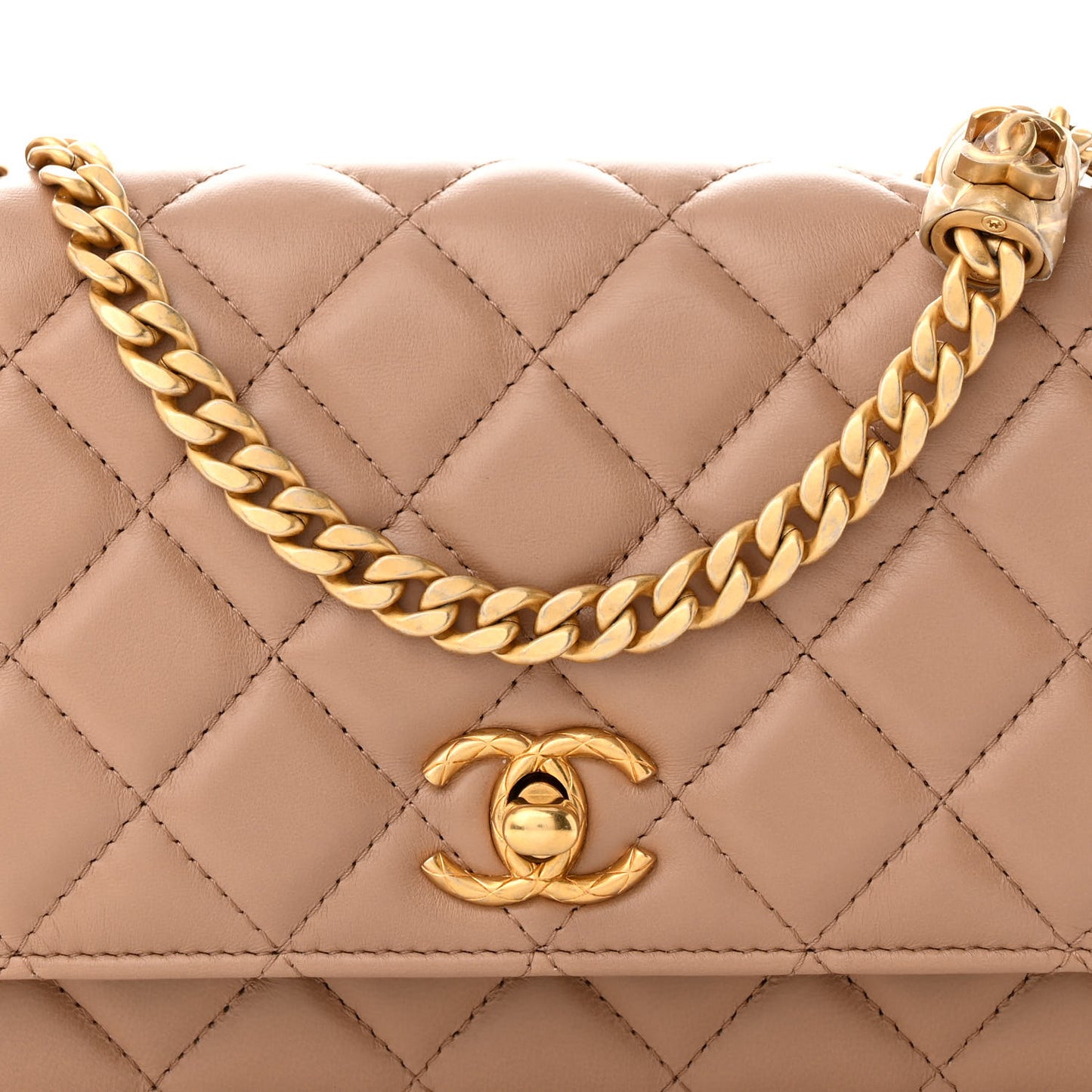 Lambskin Quilted Pillow Crush Wallet On Chain WOC Dark Beige