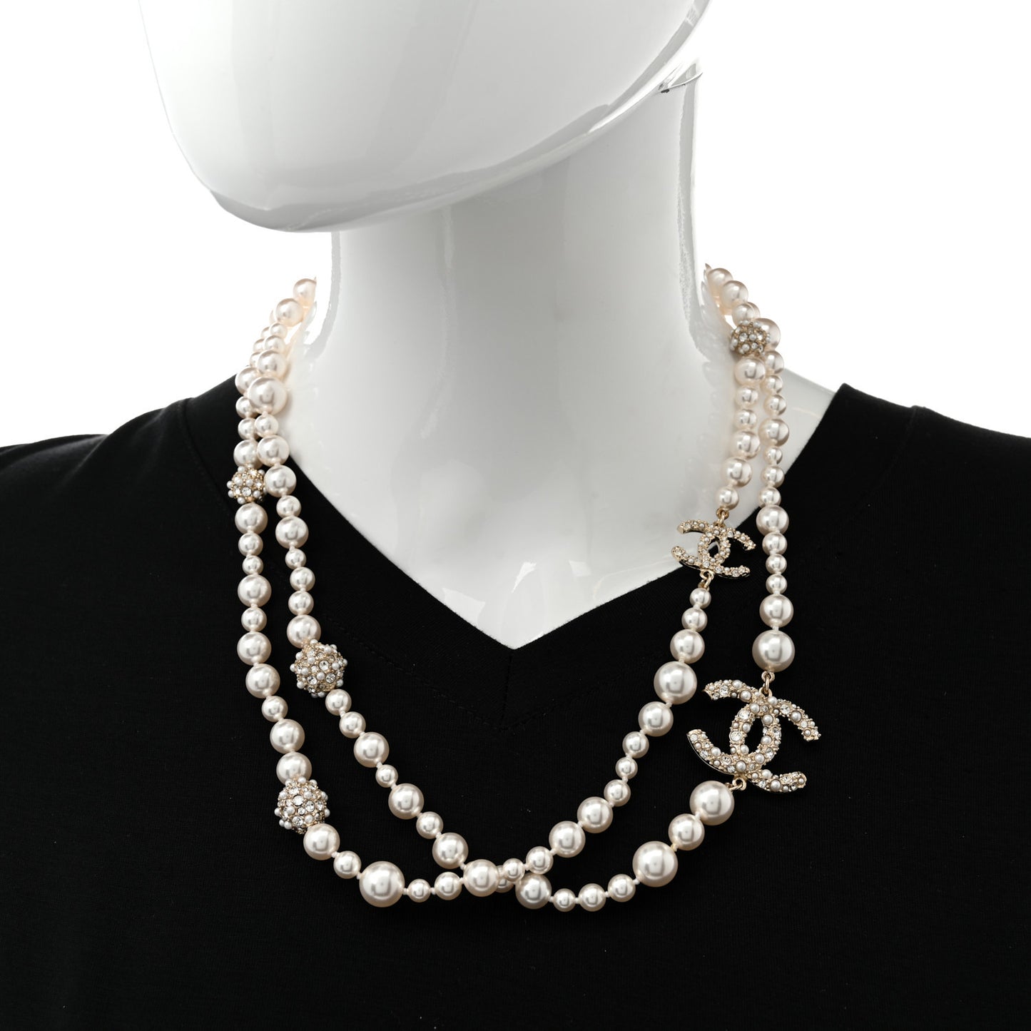 Pearl Crystal CC Cluster Long Necklace Golden Pearly White
