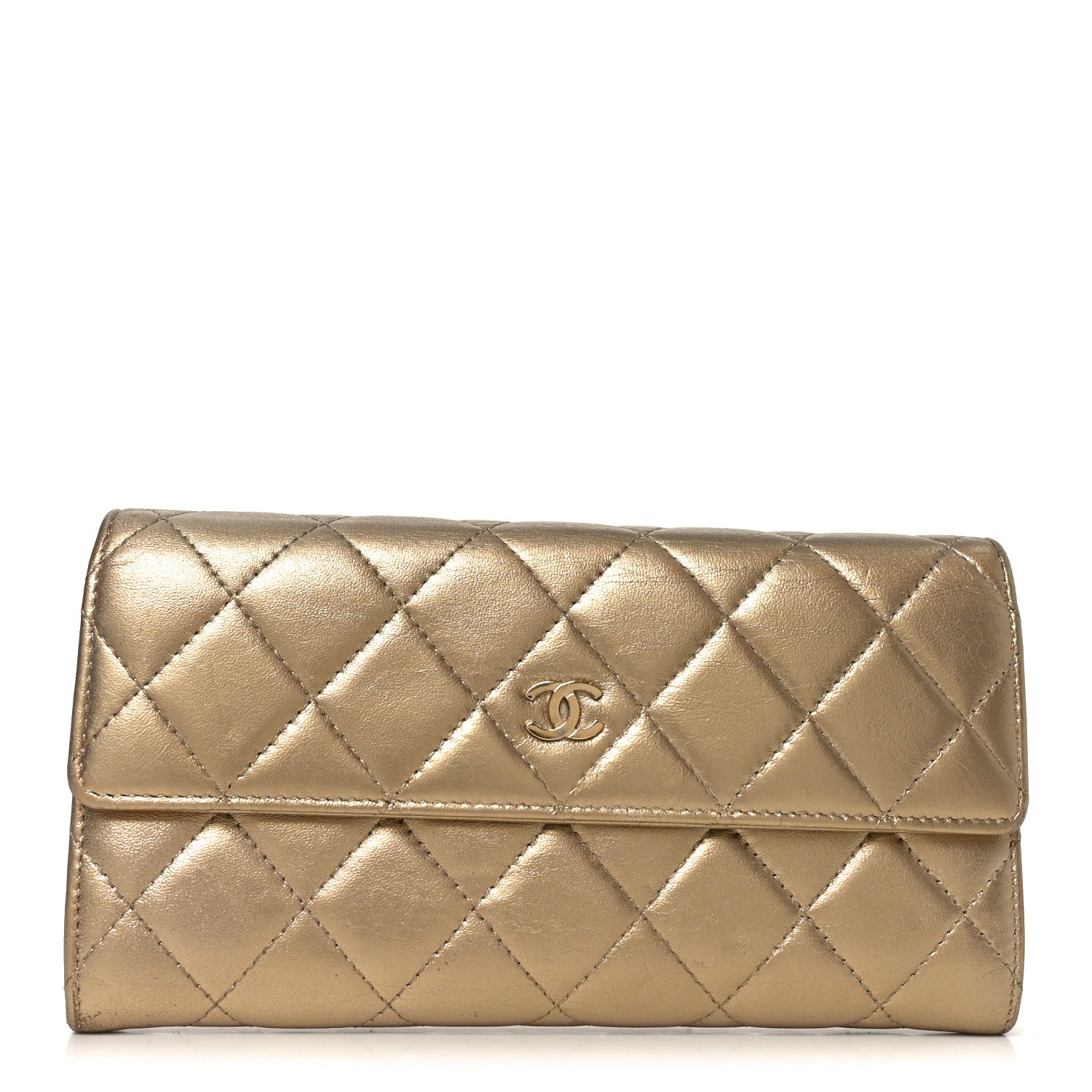Chanel Metallic Lambskin Quilted Large Gusset Flap Wallet Gold
