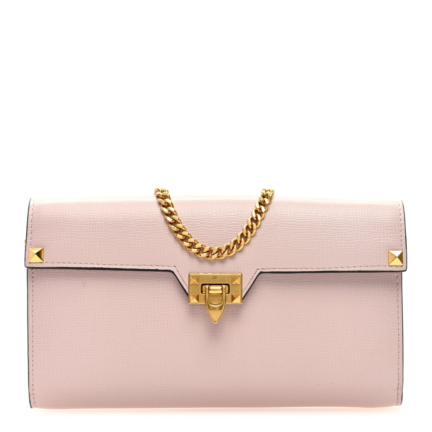 Grainy Calfskin Rockstud Alcove Wallet On Chain Rose Quartz