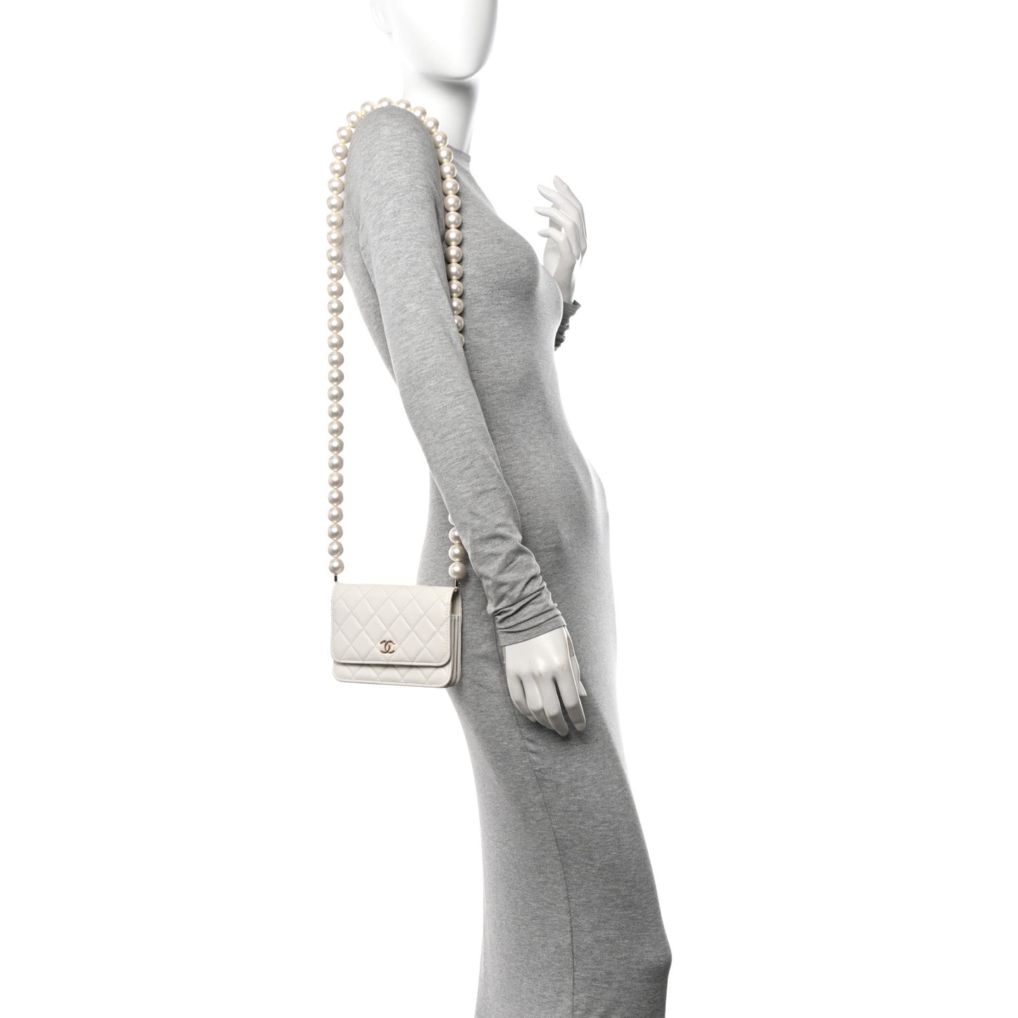 Calfskin Quilted Mini Maxi Pearls Wallet On Chain WOC White
