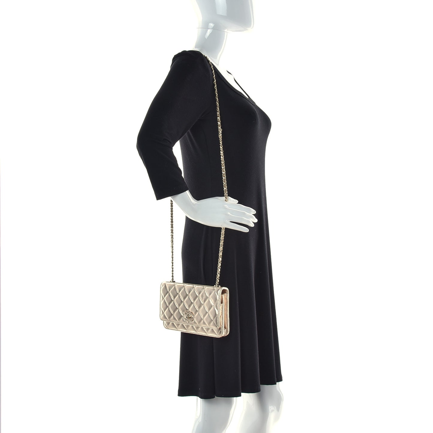 Metallic Lambskin Quilted Trendy CC Wallet On Chain WOC Gold