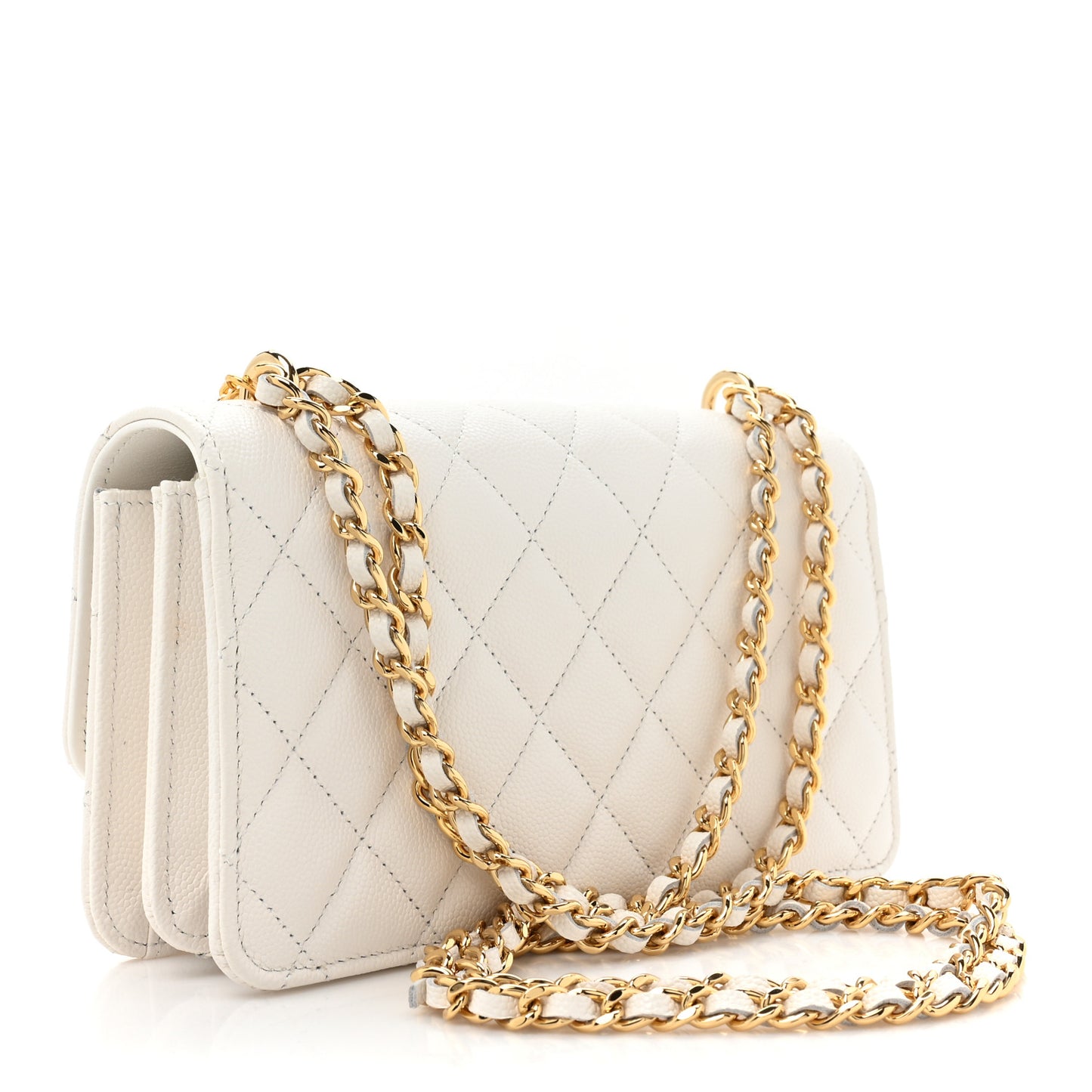 Shiny Caviar Quilted Flap Charm Wallet On Chain WOC White