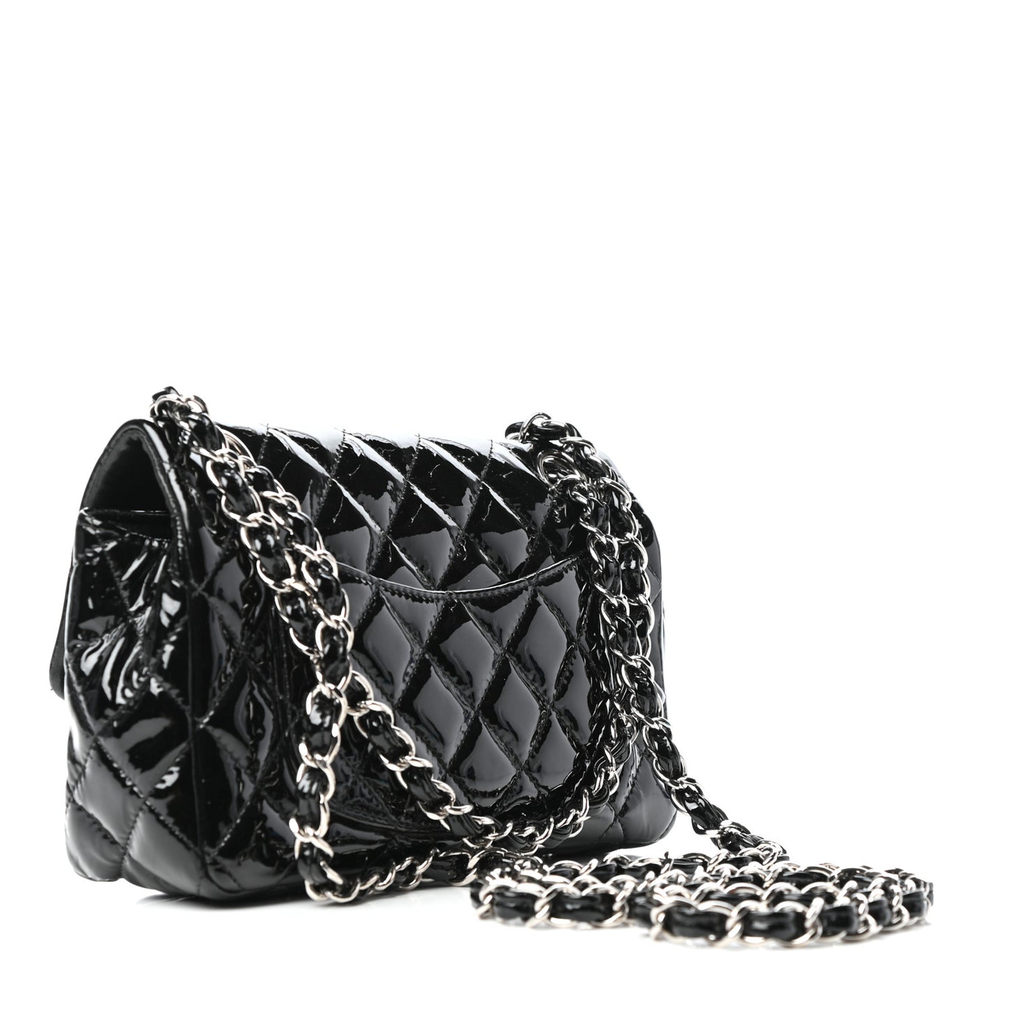 Patent Calfskin Quilted Mini Rectangular Flap Black