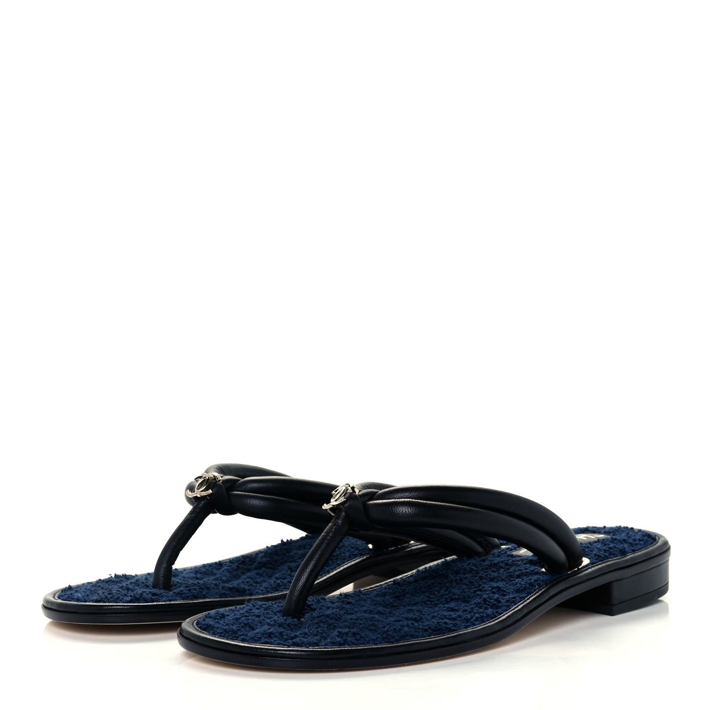 Lambskin Fabric CC Thong Sandals 36.5 Black Dark Navy