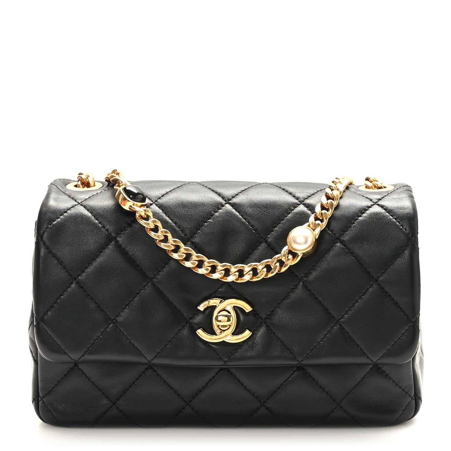 Lambskin Resin Pearl Quilted Small Flap Black