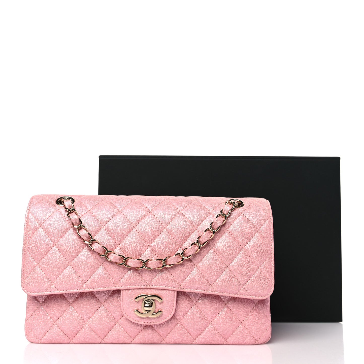 Iridescent Caviar Quilted Medium Double Flap Rose Pink