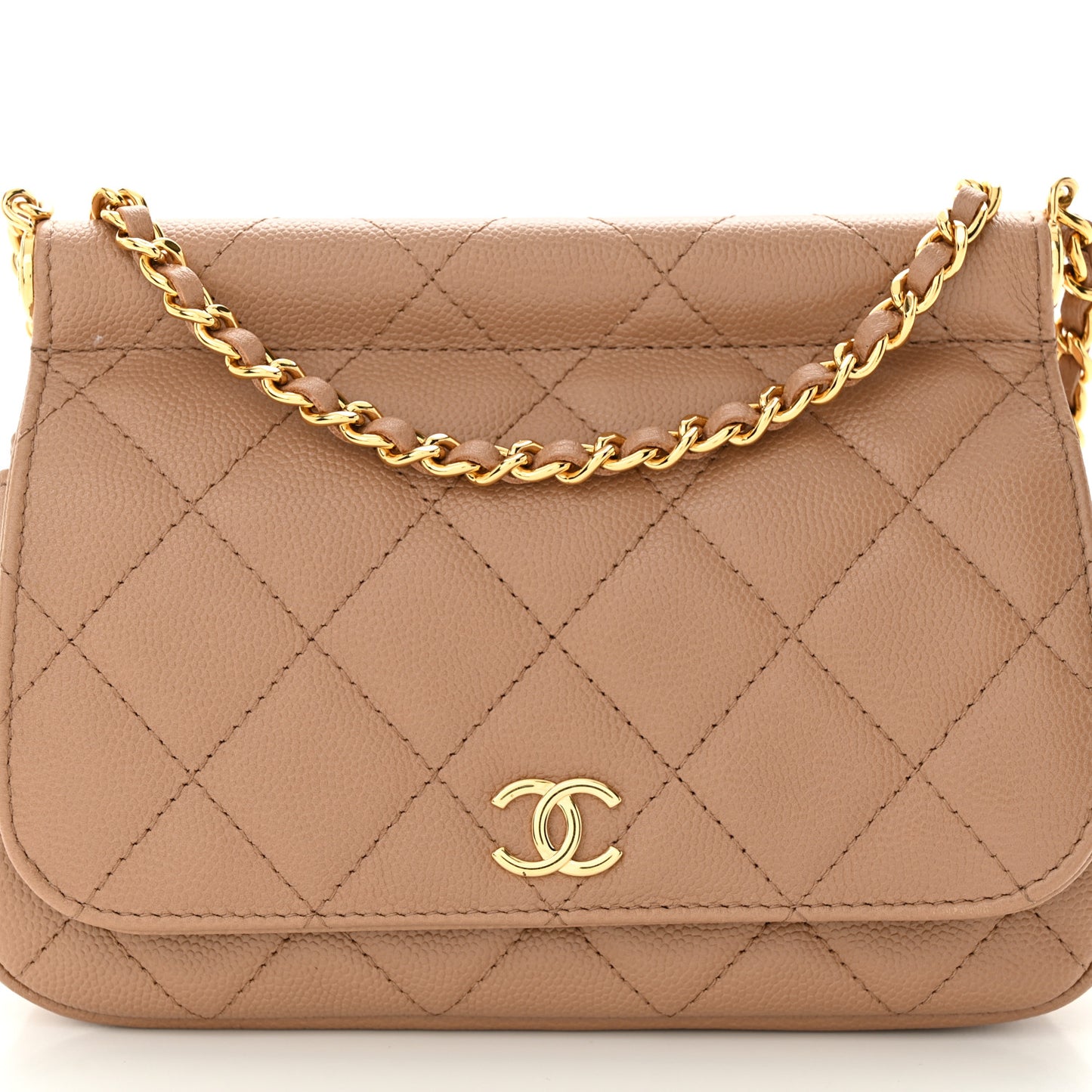 Caviar Quilted Flap Clutch With Chain Beige