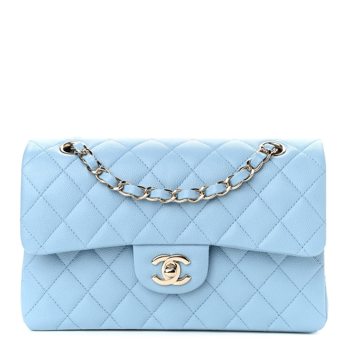 Caviar Quilted Small Double Flap Light Blue