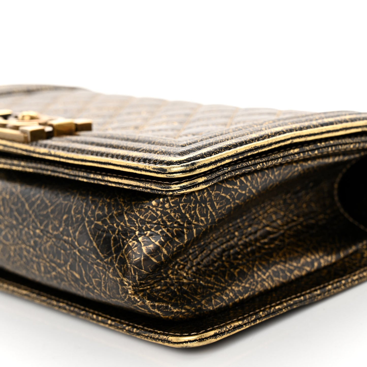 Cracked Metallic Calfskin Quilted Medium Boy Flap Gold