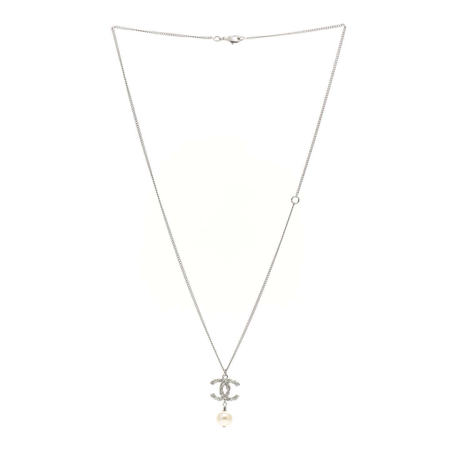 Baguette Crystal Pearl CC Lariat Necklace Silver