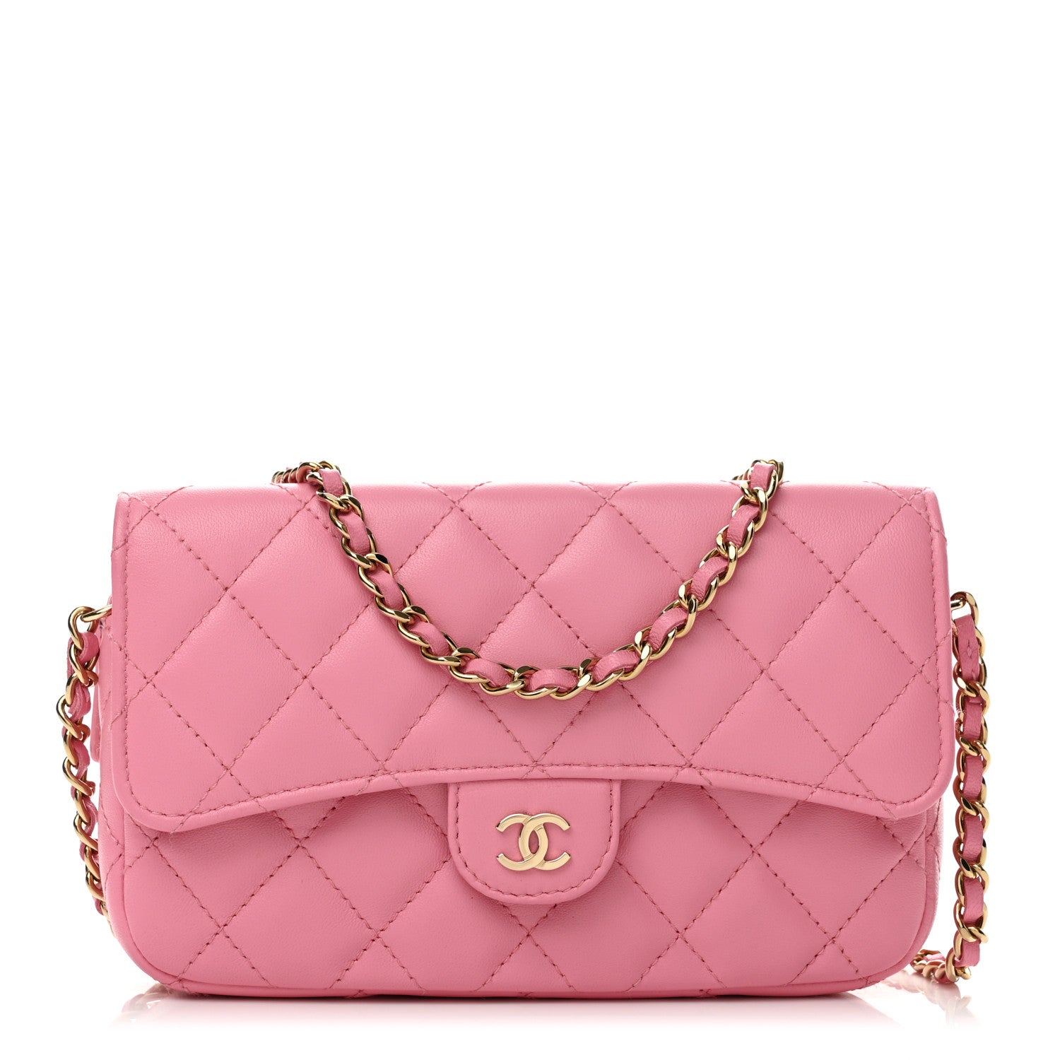 シャネル Chanel Lambskin Quilted Flap Phone Holder With Chain Pink 1976984