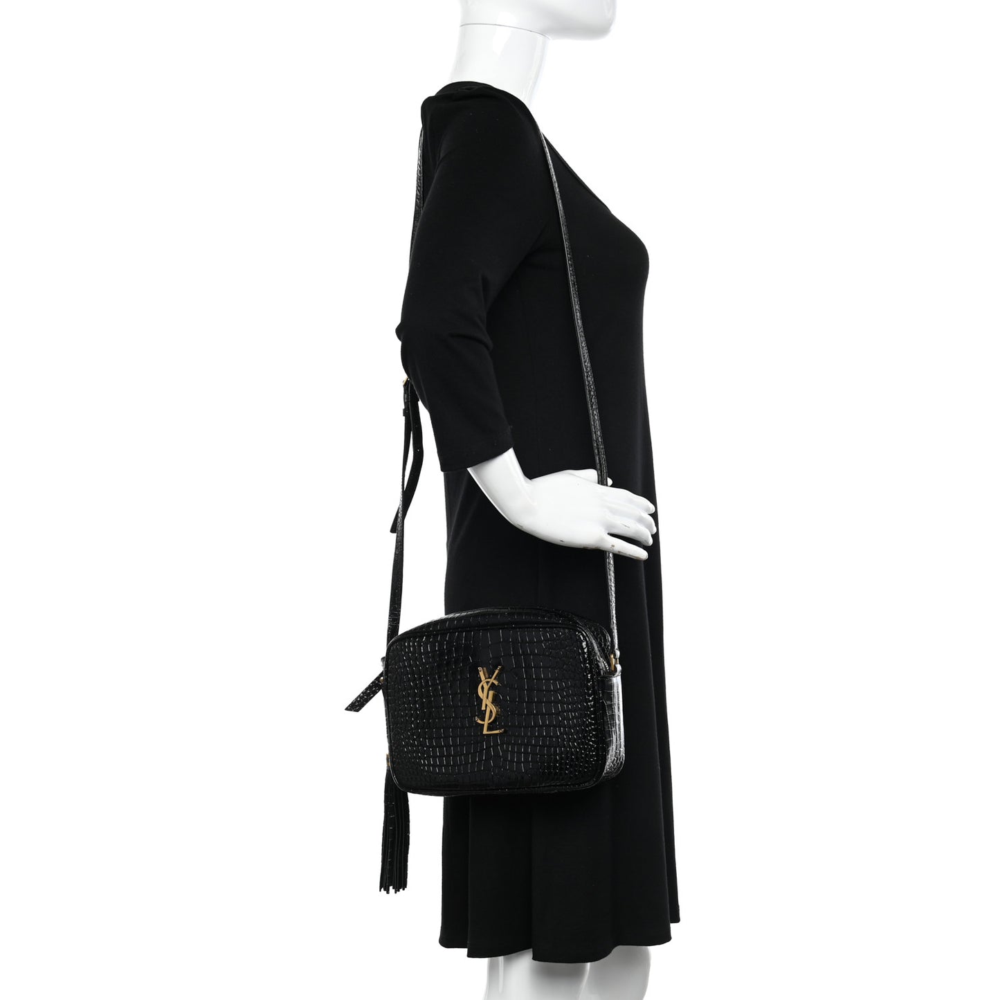Patent Calfskin Crocodile Embossed Monogram Lou Camera Bag Black