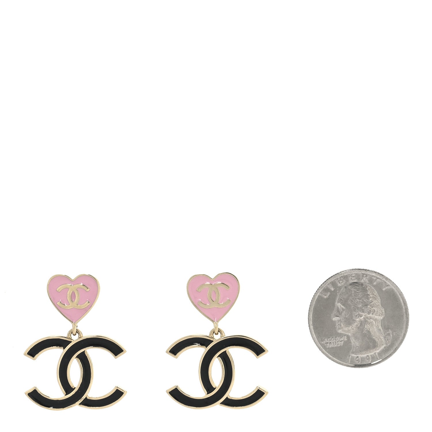 Chanel Metal Enamel CC Heart Drop Earrings Gold Black Pink 2 of 4