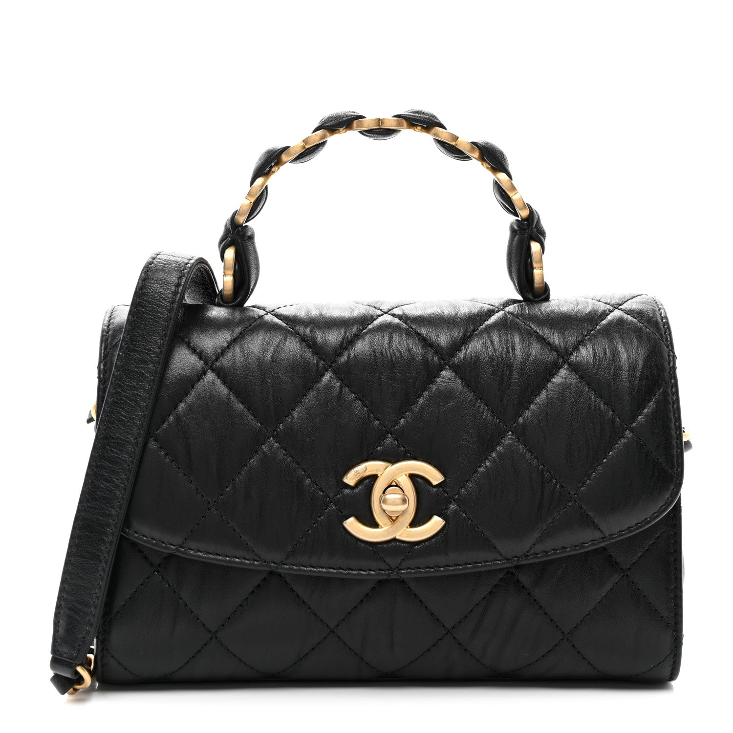 Chanel Crumpled Lambskin Quilted Mini CC Links Top Handle Flap Black 1 of 10
