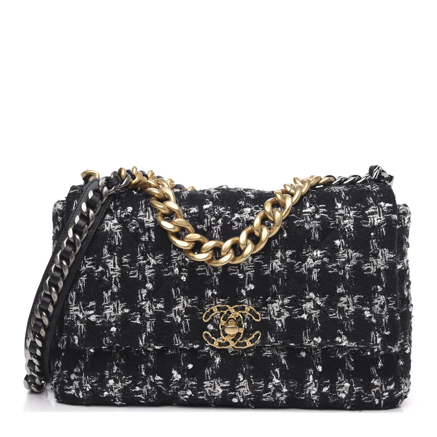 Tweed Quilted Large 19 Flap Black Ecru White