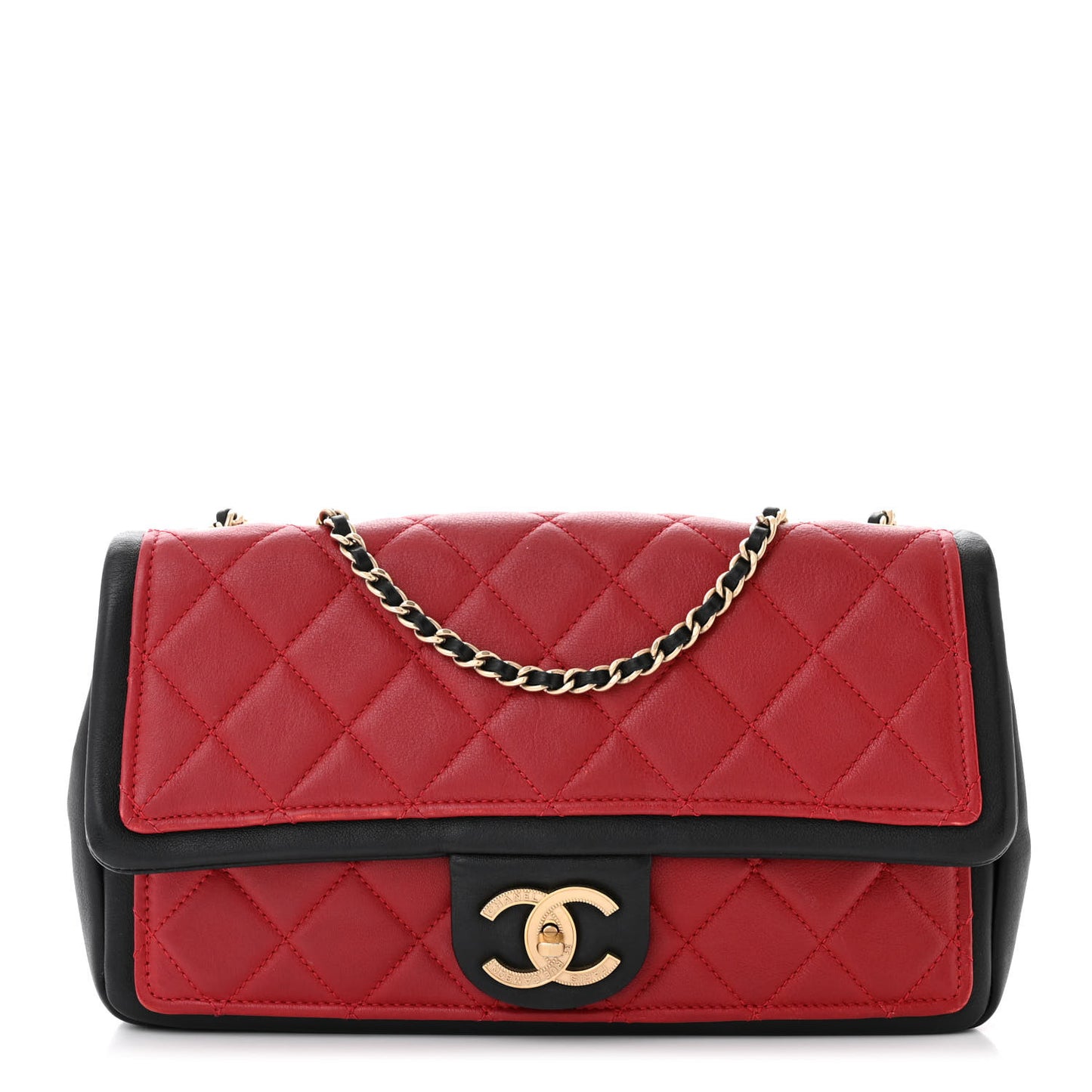 Calfskin Quilted Medium Graphic Flap Red Black
