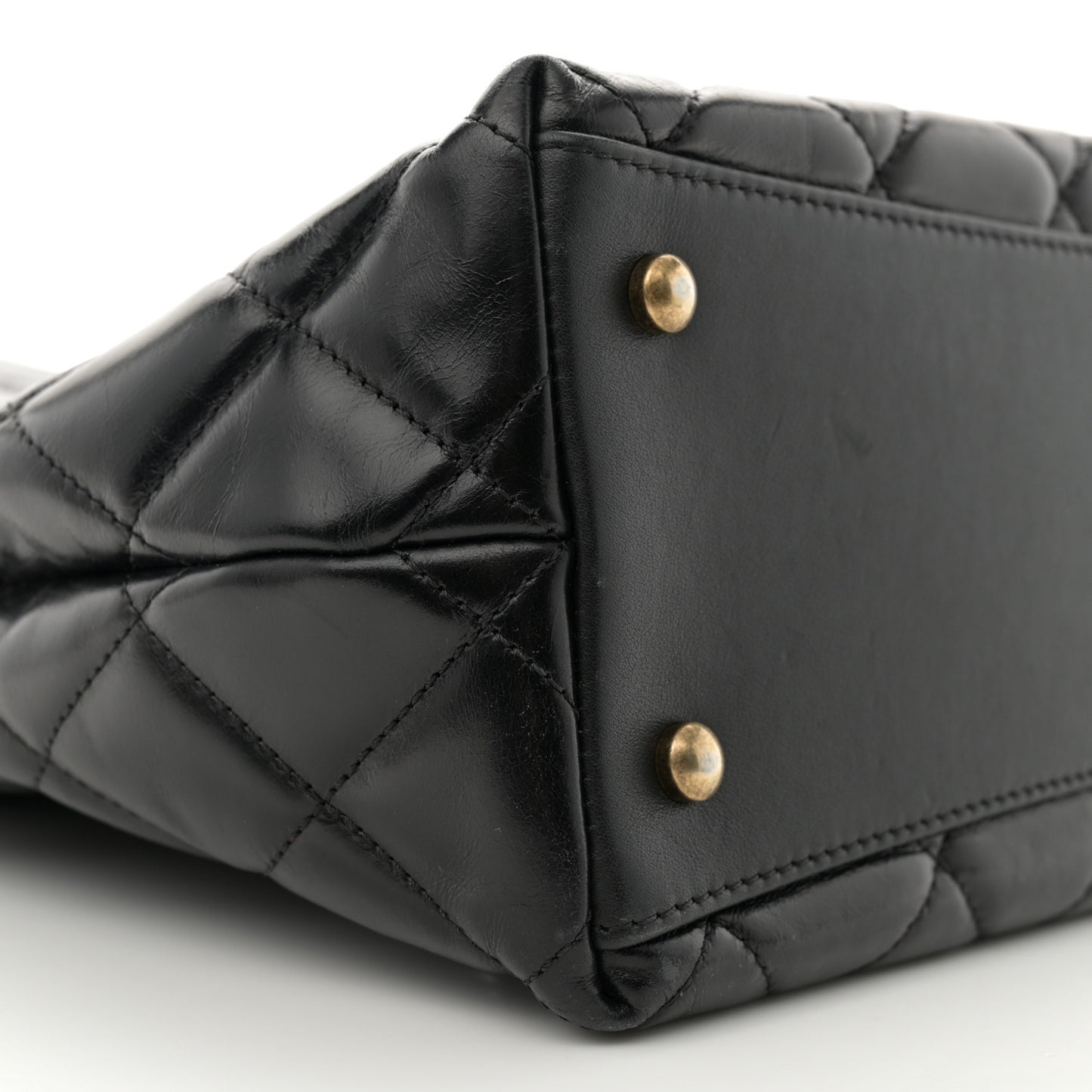 Glazed Calfskin Quilted Gold Bar Tote Black