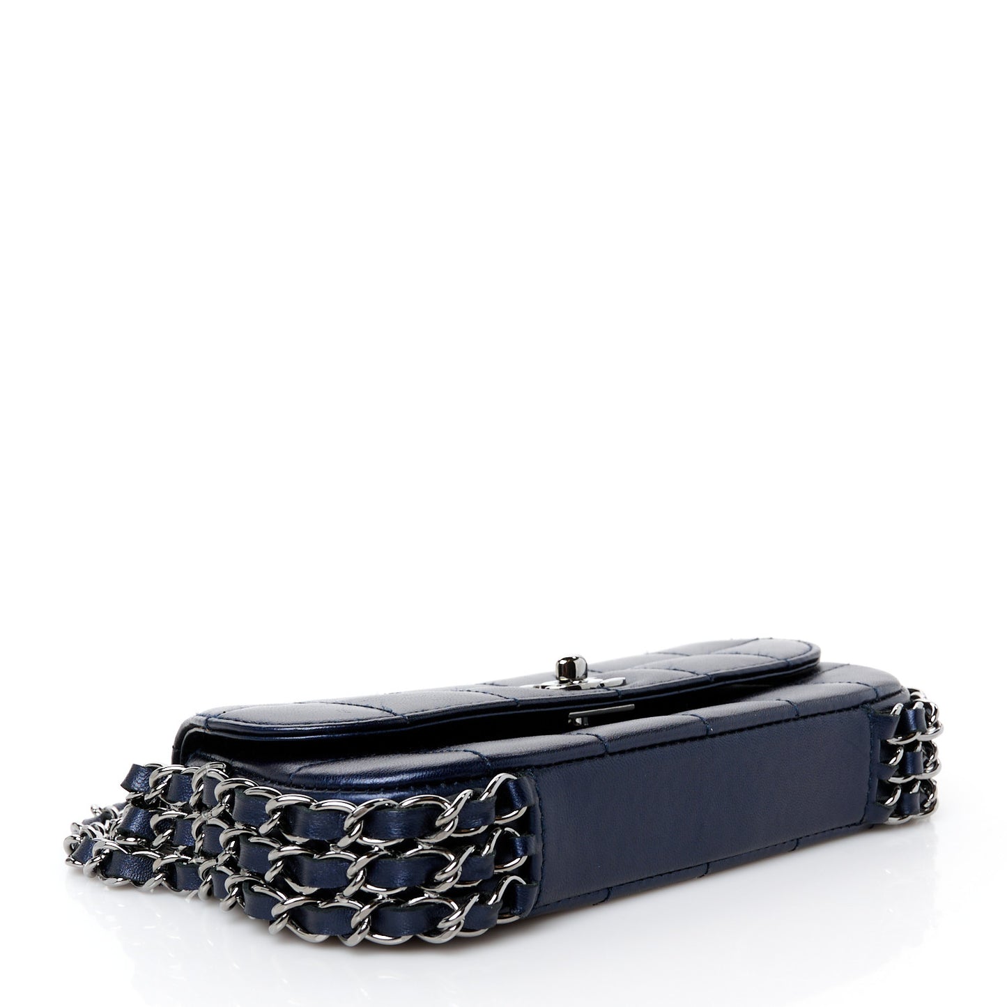 Lambskin Chocolate Bar Quilted 3 Chain Flap Navy Blue