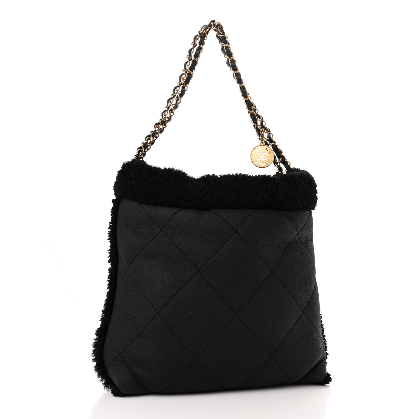 Shearling Aged Lambskin Quilted Small Chanel 22 Black