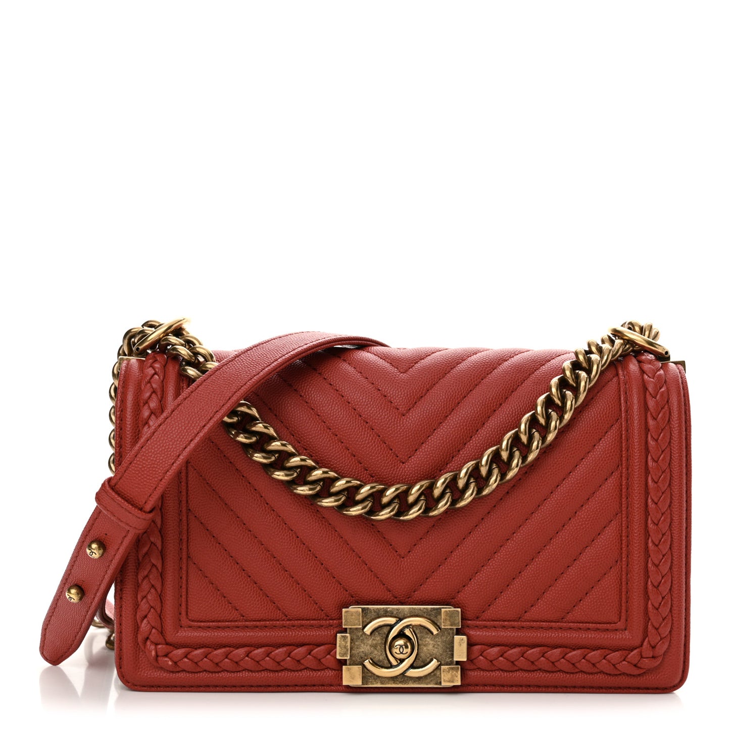 Caviar Chevron Quilted Braided Small Boy Flap Red (TEST SECOND PRODUCT)