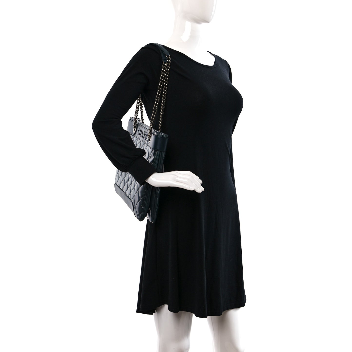 Glazed Calfskin Quilted Shopping Tote Dark Blue