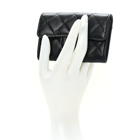 Caviar Quilted Flap Card Holder Wallet Black