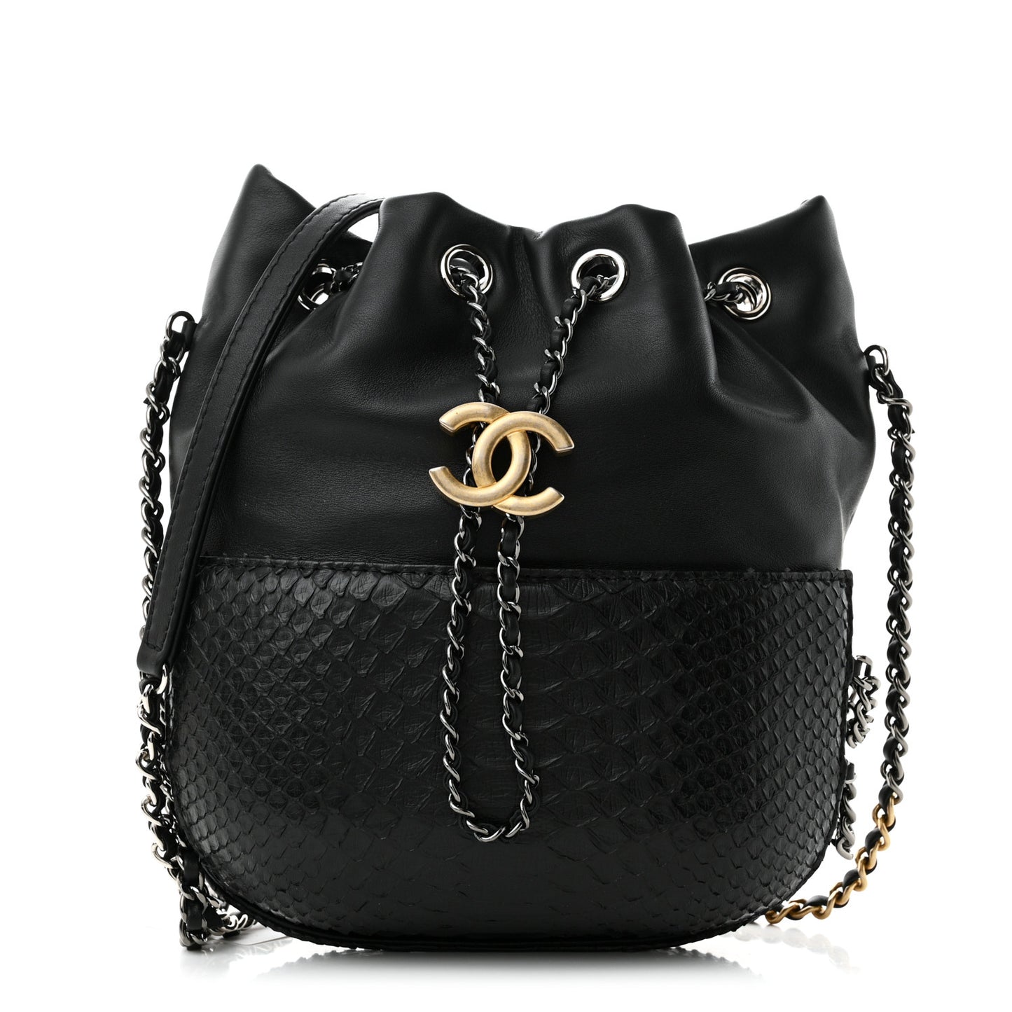 Snakeskin Calfskin Small Gabrielle Bucket Black