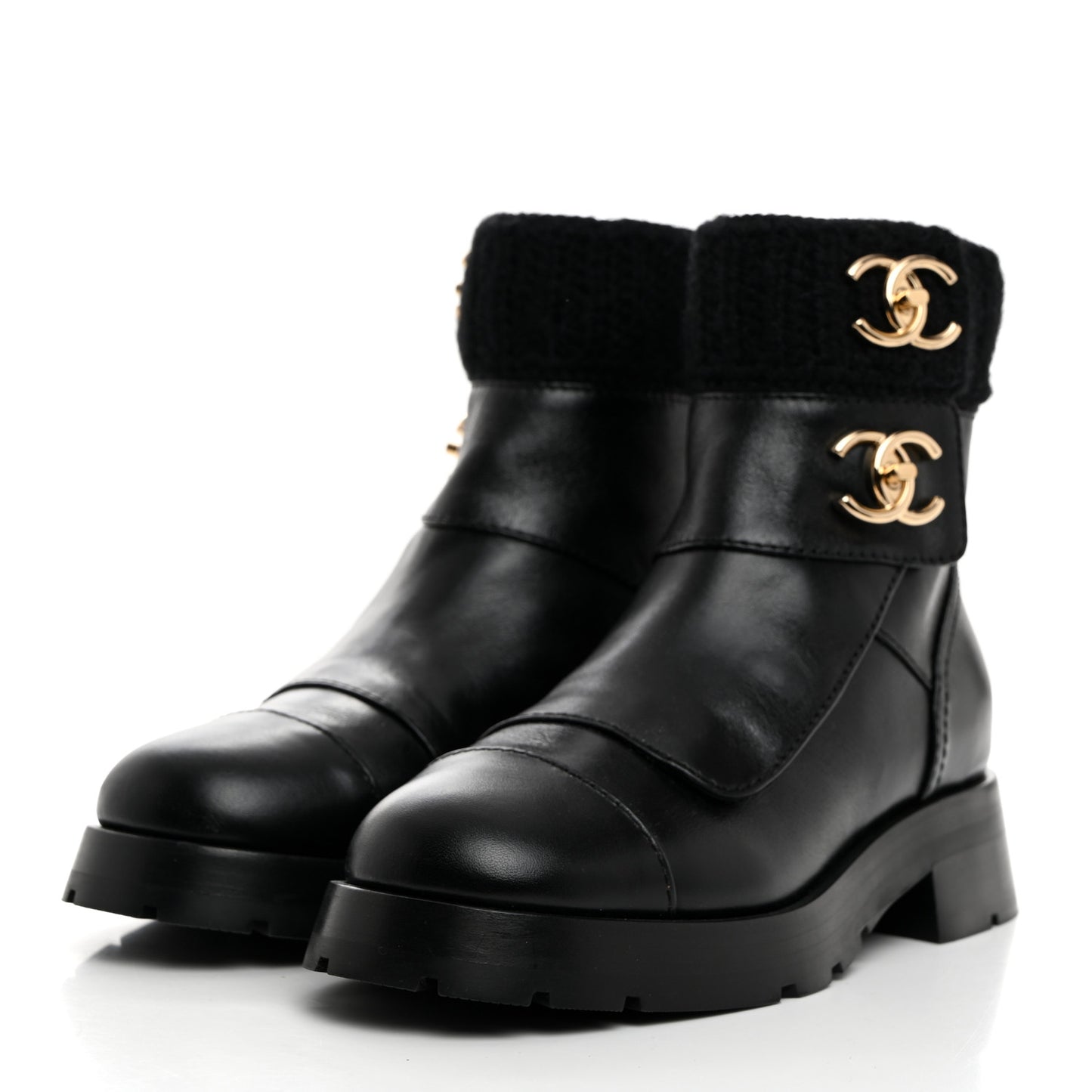 Calfskin Knit CC Short Boots 36 Black