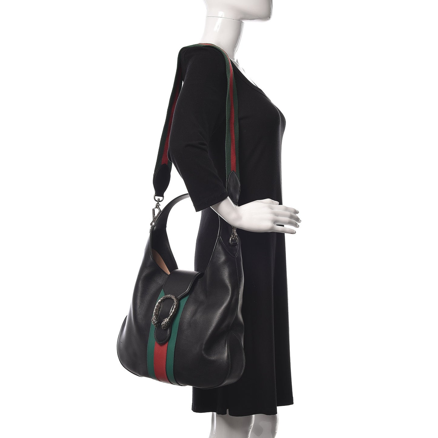 Calfskin Web Stripe Medium Dionysus Hobo Black