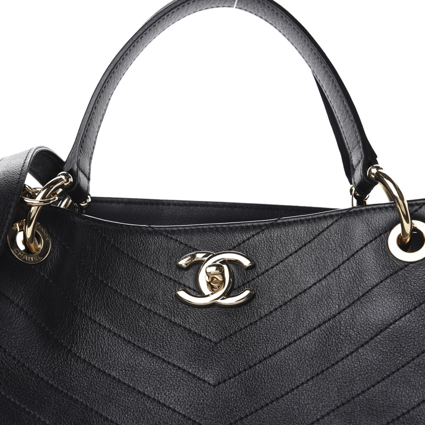 Calfskin Stitched Large Chevron Chic Shopping Bag Black