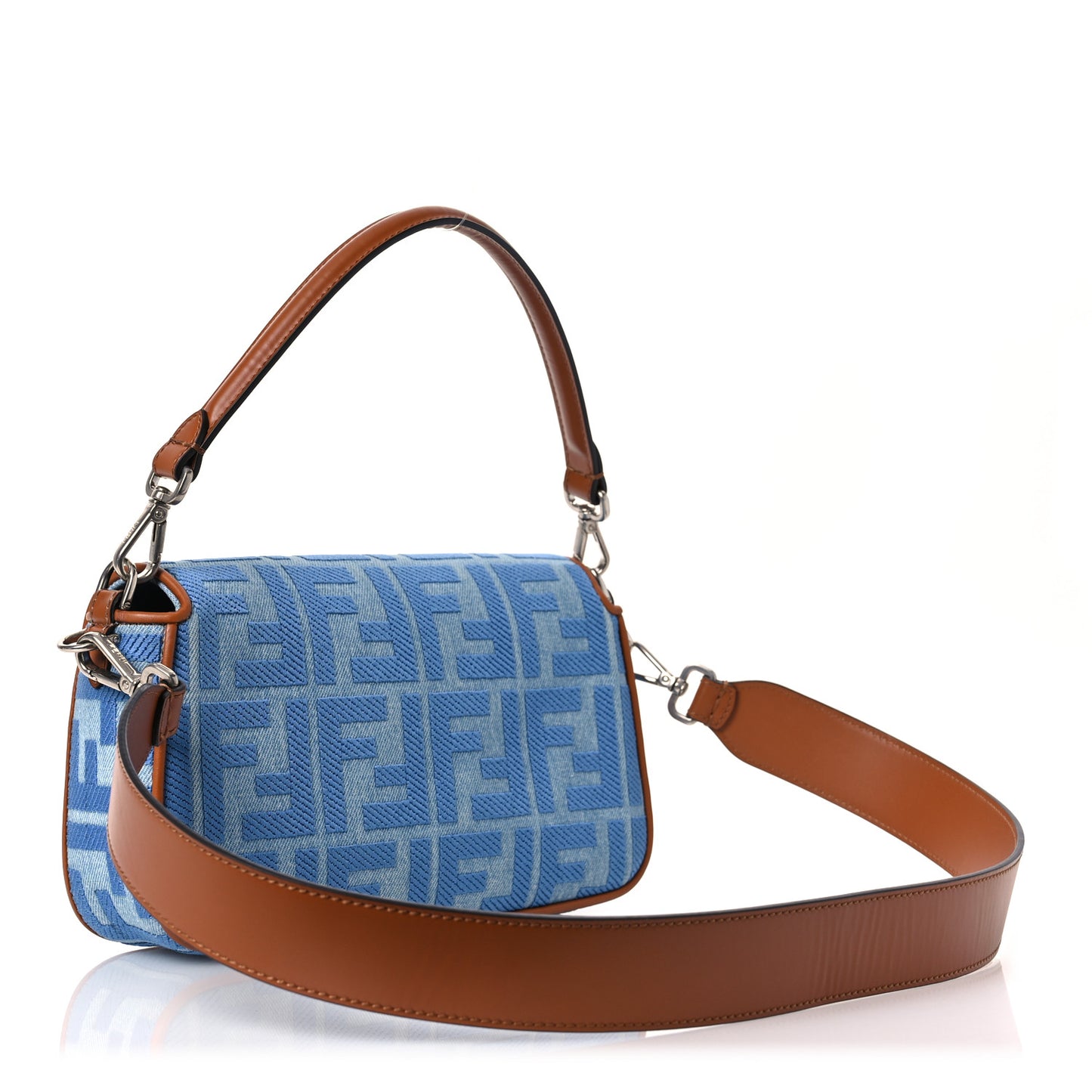 Denim Vitello King FF Embroidered Baguette Denim Chiaro Brandy