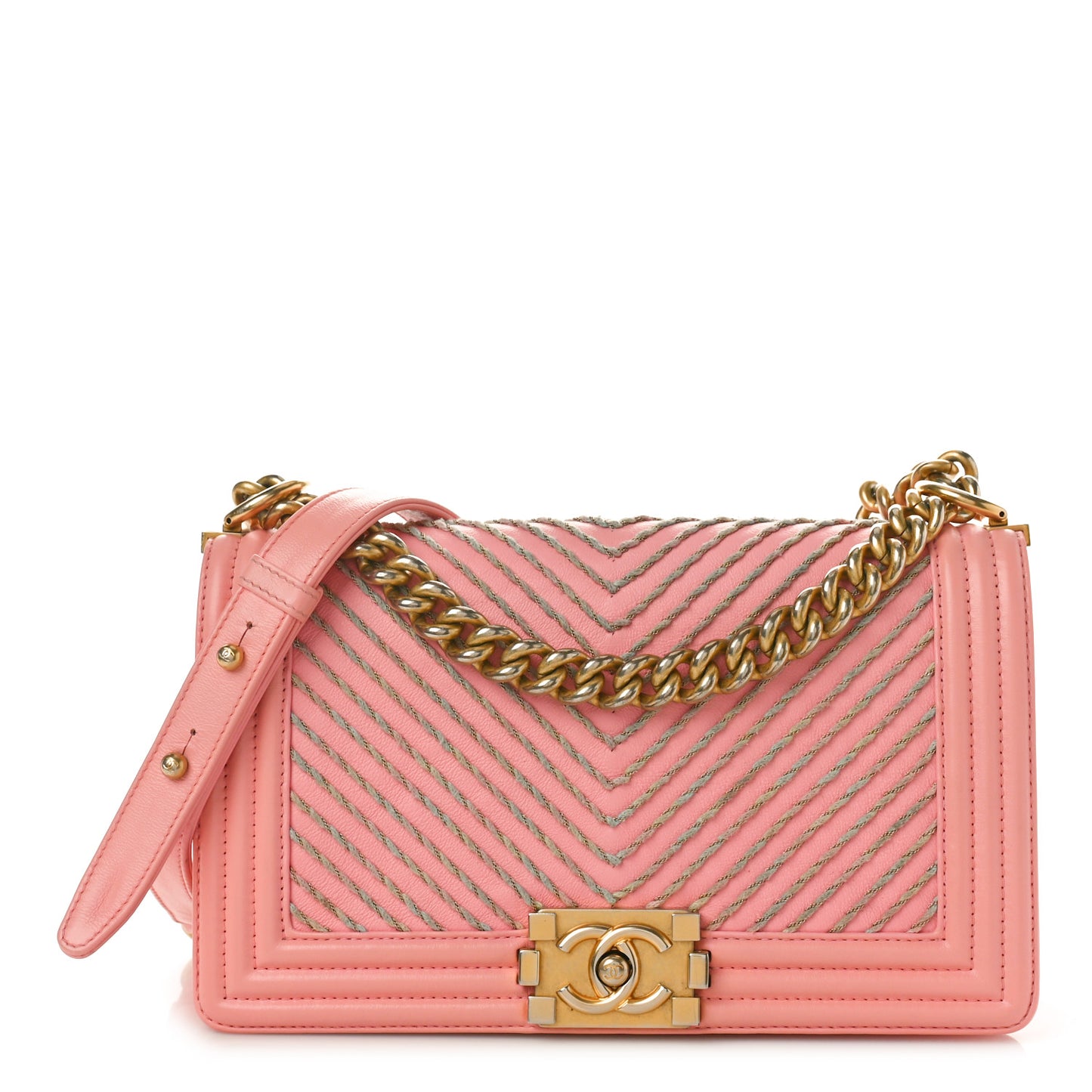 Calfskin Chevron Embroidered Medium Boy By The Sea Flap Pink
