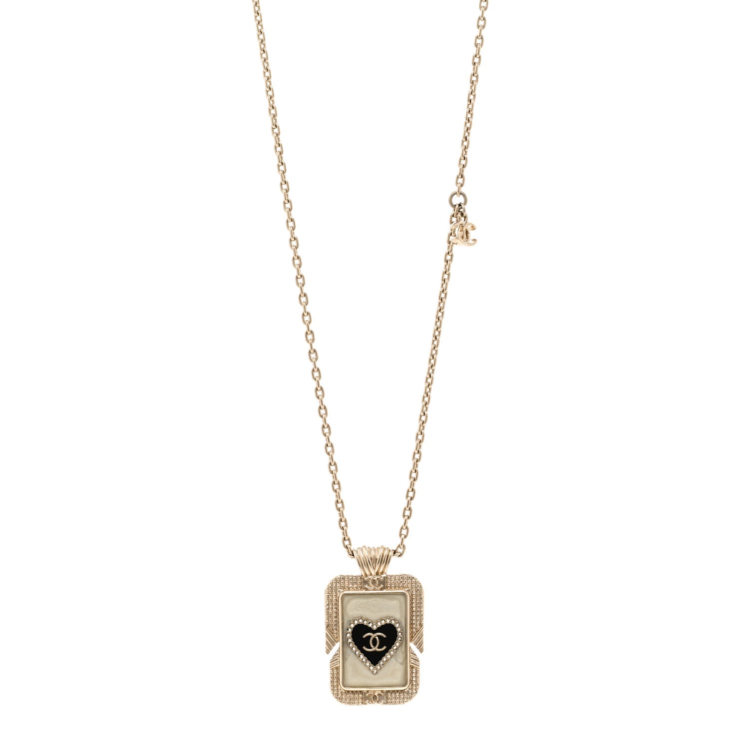 Chanel Metal Resin Enamel Crystal CC Necklace Gold Black White
