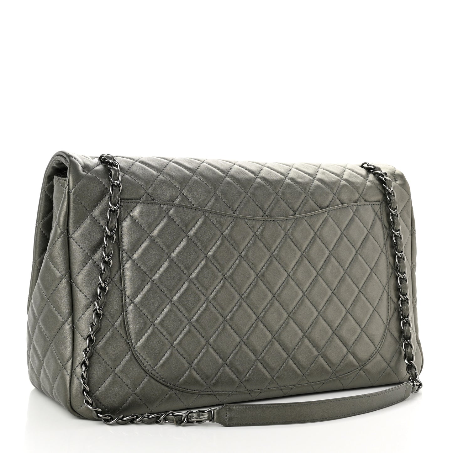 Metallic Calfskin Quilted XXL Travel Flap Bag Dark Silver