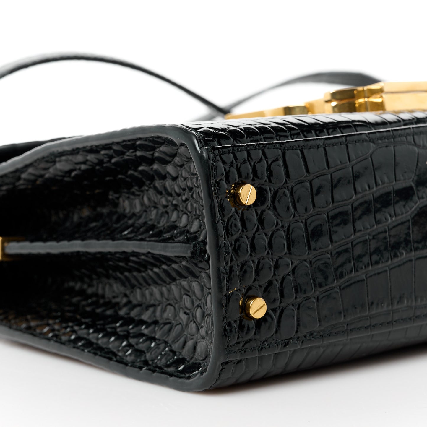 Calfskin Crocodile Embossed Mini Classic Monogram Cassandra Top Handle Black