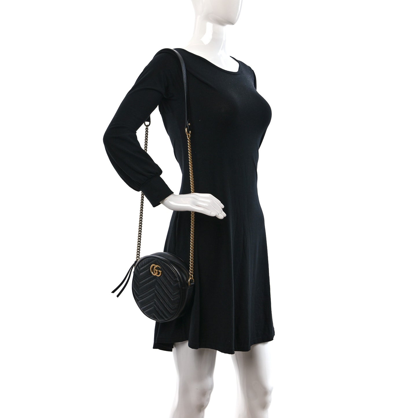 Azalea Calfskin Matelasse Heart Mini GG Marmont Round Shoulder Bag Black