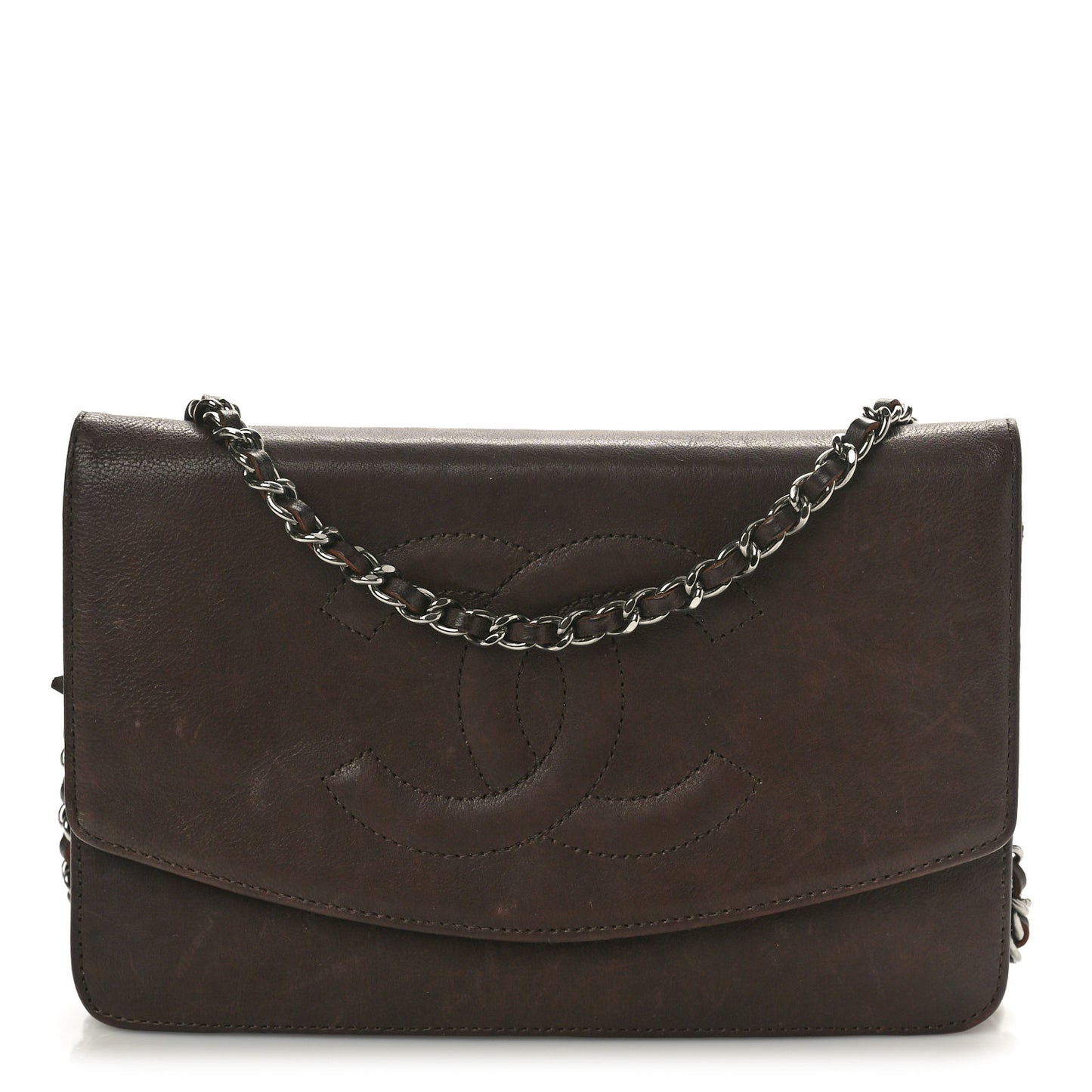 Lambskin Timeless CC Wallet on Chain WOC Dark Brown